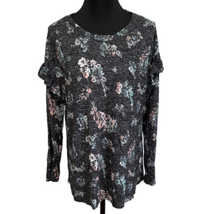 Maurices Womens XL Black Pink Floral Ruffle Long Sleeve Stretch Blouse Top